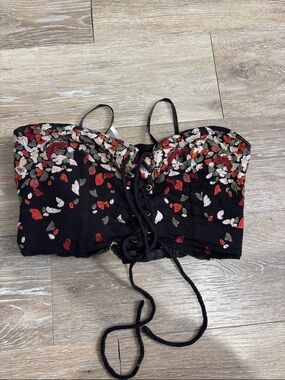 Free People Black Floral Embroidered Lace-Up Cropped Tank Top